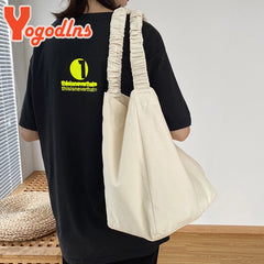 Canvas Shoulder Bag For Women Pleated Shoulder Strap Totes Student Bookbags