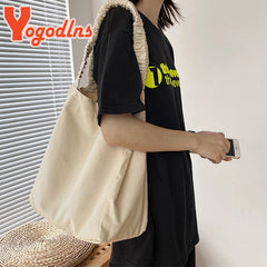 Canvas Shoulder Bag For Women Pleated Shoulder Strap Totes Student Bookbags