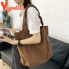 Canvas Shoulder Bag For Women Pleated Shoulder Strap Totes Student Bookbags