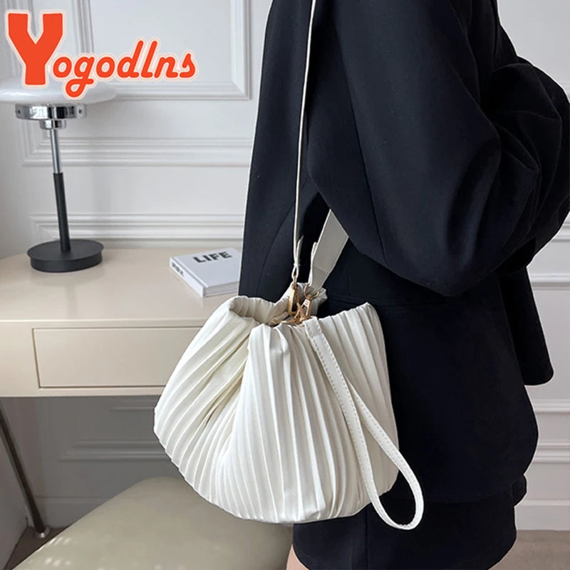 Pleated Bucket Bag Female PU Leather Crossbody Bag