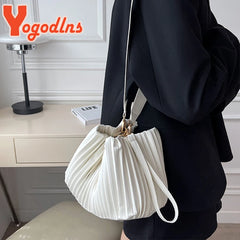 Pleated Bucket Bag Female PU Leather Crossbody Bag