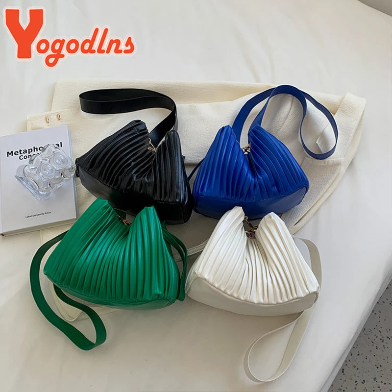 Pleated Bucket Bag Female PU Leather Crossbody Bag