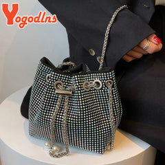 Rhinestones Shoulder Bag Women Drawstring Bucket Crossbody Bag