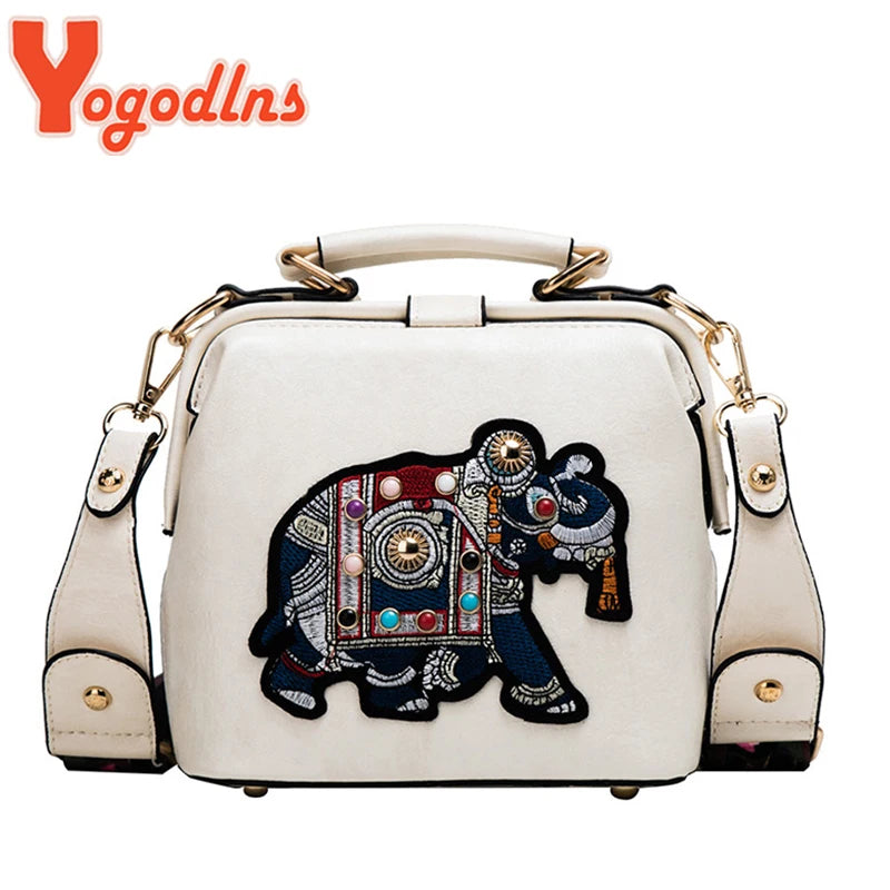Vintage Embroidery Elephant Handbag PU Leather Shoulder Bag for Women