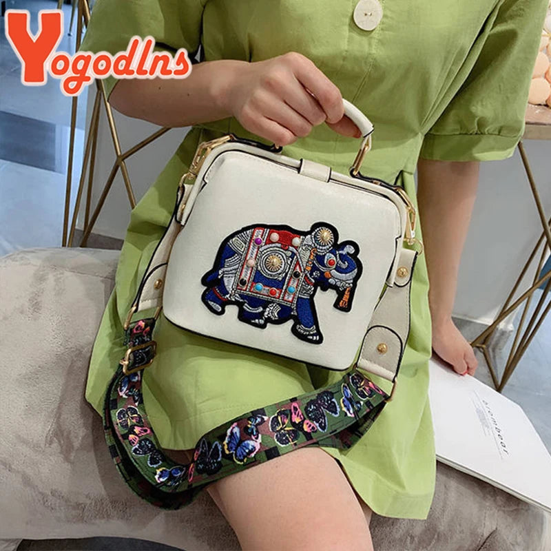 Vintage Embroidery Elephant Handbag PU Leather Shoulder Bag for Women