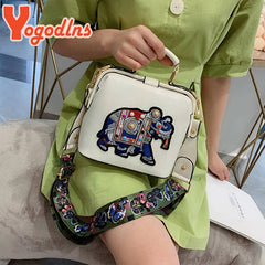 Vintage Embroidery Elephant Handbag PU Leather Shoulder Bag for Women