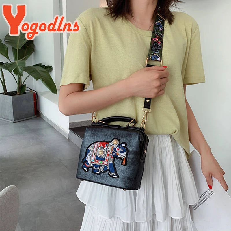 Vintage Embroidery Elephant Handbag PU Leather Shoulder Bag for Women