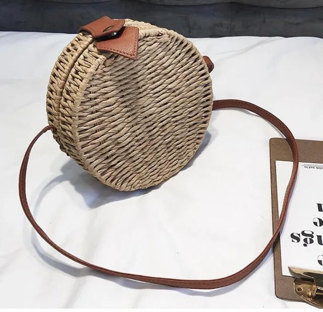Round Straw Bag Summer Beach Shoulder Bag Women Rattan Handbag