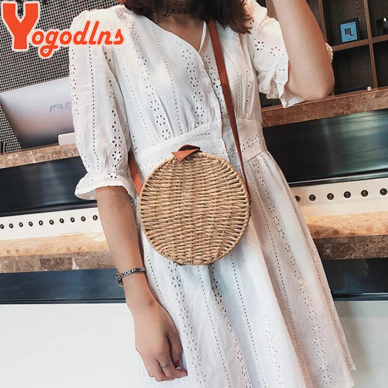 Round Straw Bag Summer Beach Shoulder Bag Women Rattan Handbag