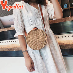 Round Straw Bag Summer Beach Shoulder Bag Women Rattan Handbag