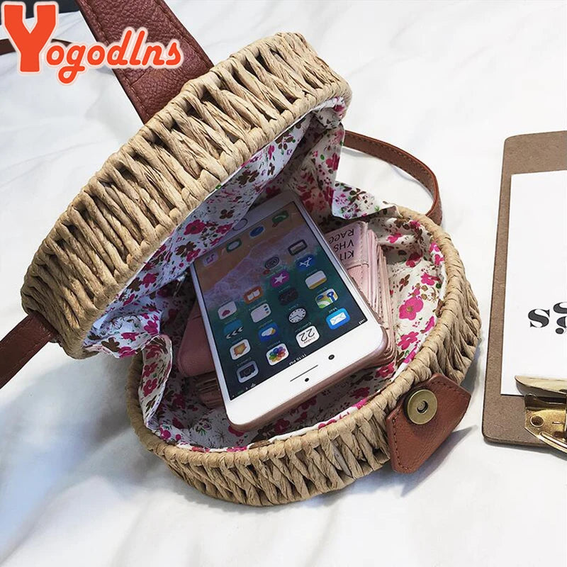Round Straw Bag Summer Beach Shoulder Bag Women Rattan Handbag