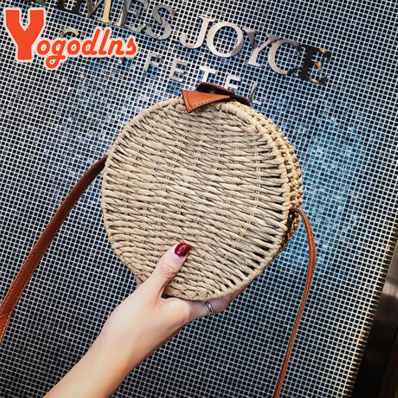 Round Straw Bag Summer Beach Shoulder Bag Women Rattan Handbag