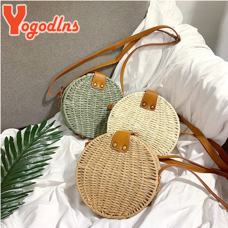 Round Straw Bag Summer Beach Shoulder Bag Women Rattan Handbag