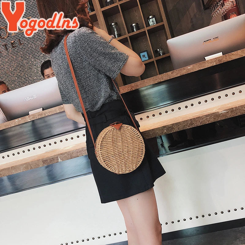 Round Straw Bag Summer Beach Shoulder Bag Women Rattan Handbag