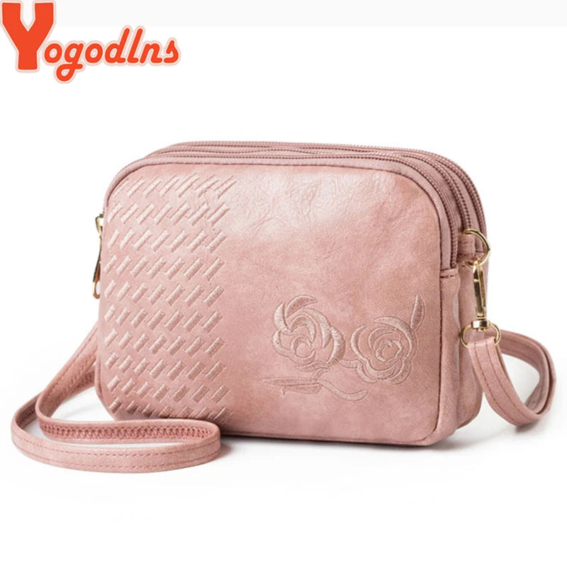 Embroidery Flower Small Crossbody Bag for Women Three Compartments