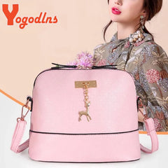 Deer Pendant Quilted Shoulder Bag Soft PU Leather Messenger Bag