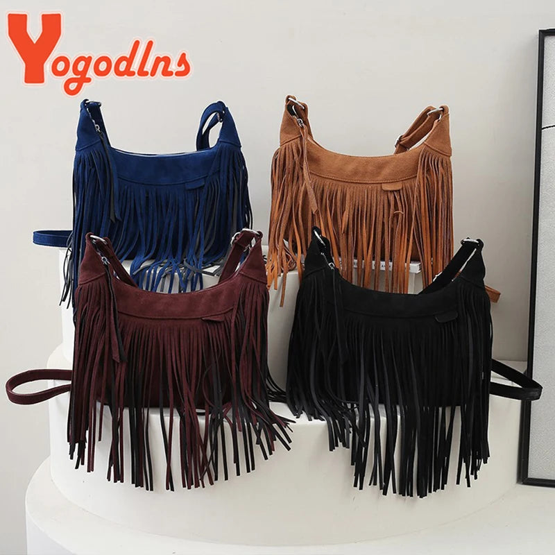 Retro Tassel Shoulder Bag Deerskin Velvet Crossbody Autumn Winter Handbag