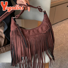 Retro Tassel Shoulder Bag Deerskin Velvet Crossbody Autumn Winter Handbag