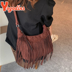 Retro Tassel Shoulder Bag Deerskin Velvet Crossbody Autumn Winter Handbag
