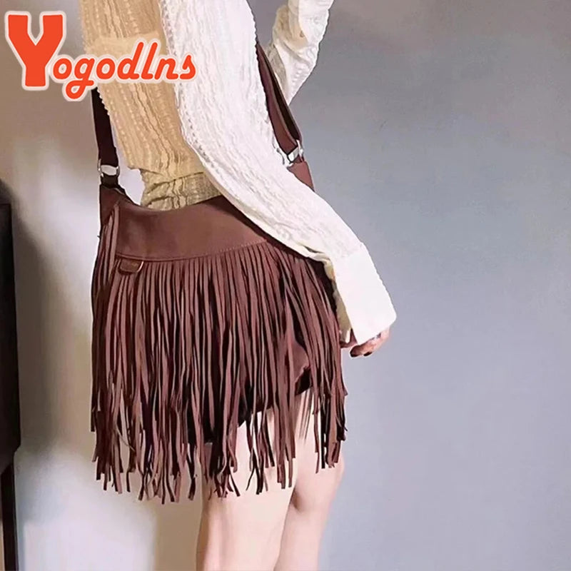 Retro Tassel Shoulder Bag Deerskin Velvet Crossbody Autumn Winter Handbag