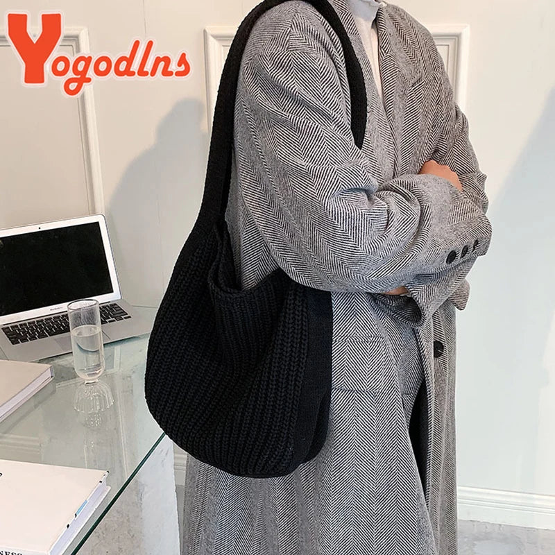 Retro Wool Shoulder Bag for Women Winter Totes Large Capacity Shopping Handbag