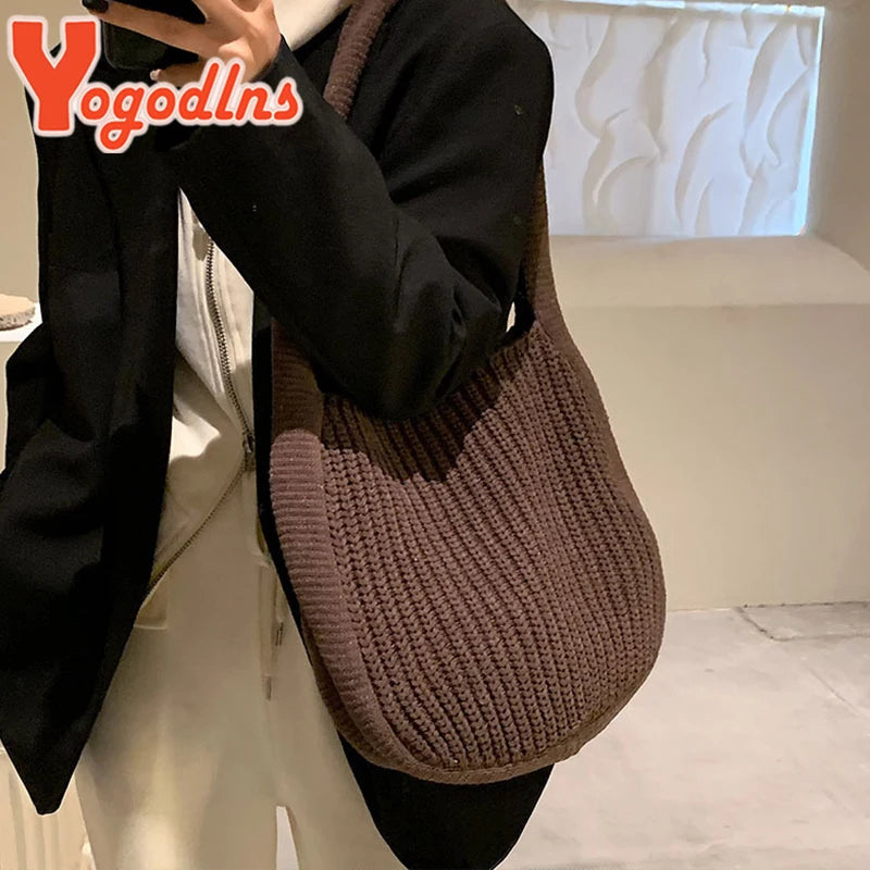 Retro Wool Shoulder Bag for Women Winter Totes Large Capacity Shopping Handbag