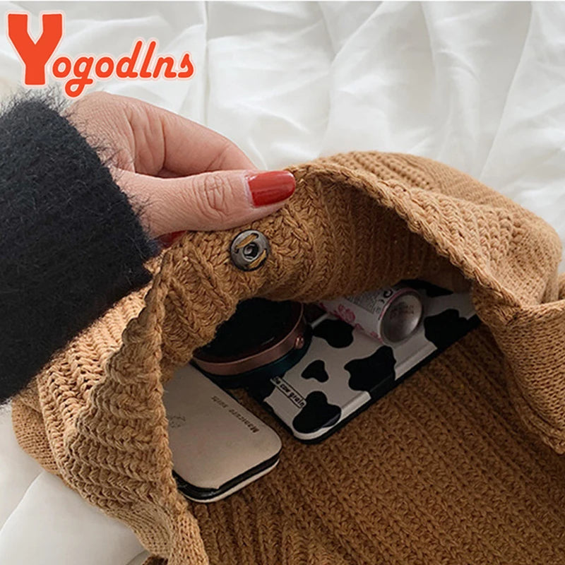 Retro Wool Shoulder Bag for Women Winter Totes Large Capacity Shopping Handbag
