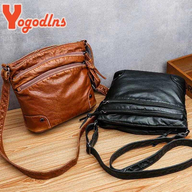 PU Leather Shoulder Bag Women Retro Messenger Bag Double Zipper Female