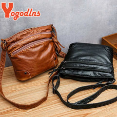 PU Leather Shoulder Bag Women Retro Messenger Bag Double Zipper Female