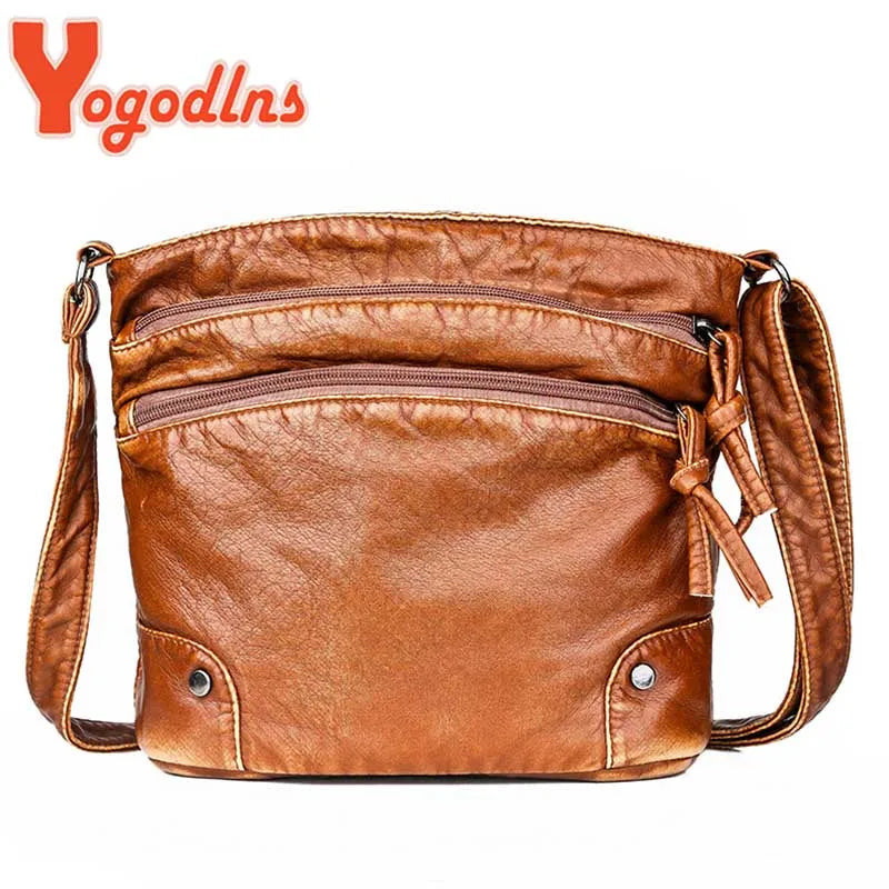 PU Leather Shoulder Bag Women Retro Messenger Bag Double Zipper Female