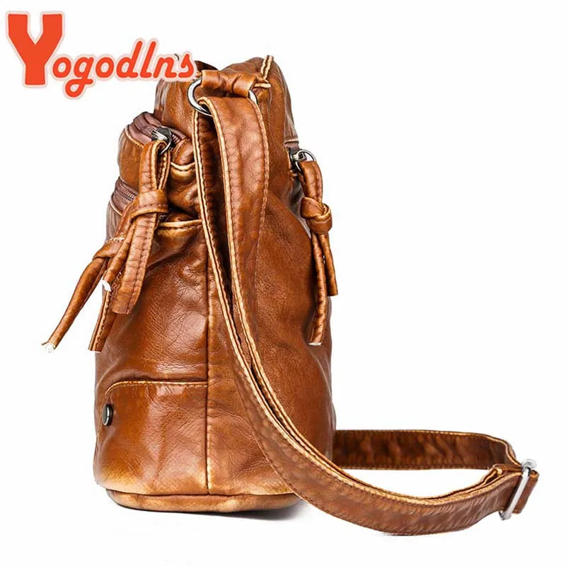 PU Leather Shoulder Bag Women Retro Messenger Bag Double Zipper Female