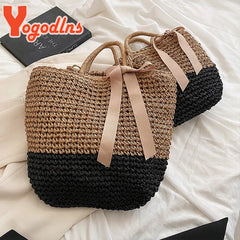 Summer Straw Bags Ribbons Bowknot Beach Bag Knitting Handbags Women