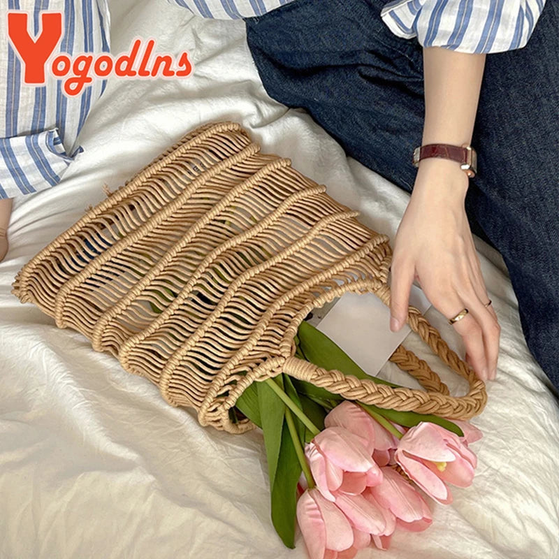 Summer Hollow Straw Bag Women Knitted Beach Bohemia Style Shoulder Travel Clutch