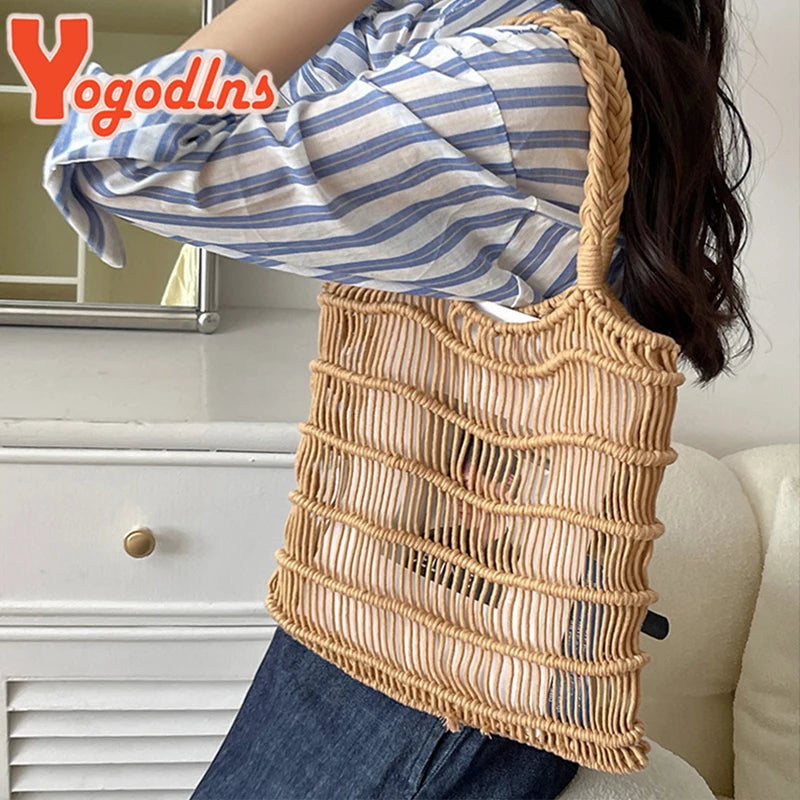 Summer Hollow Straw Bag Women Knitted Beach Bohemia Style Shoulder Travel Clutch