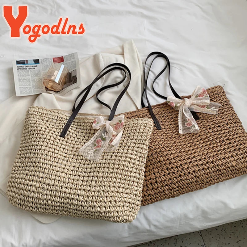Summer Lace Ribbon Straw Female Large Capacity Shoulder Woven Totes Bag