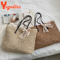 Summer Lace Ribbon Straw Female Large Capacity Shoulder Woven Totes Bag