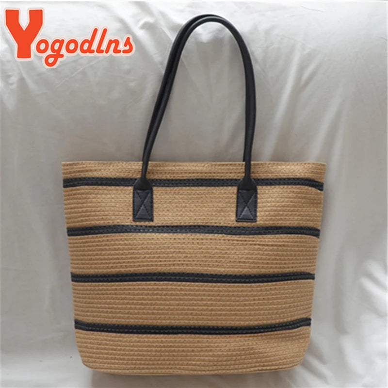 Summer Large Capacity Straw Bags Stripe Totes Bag Travel Vacation Beach Bags