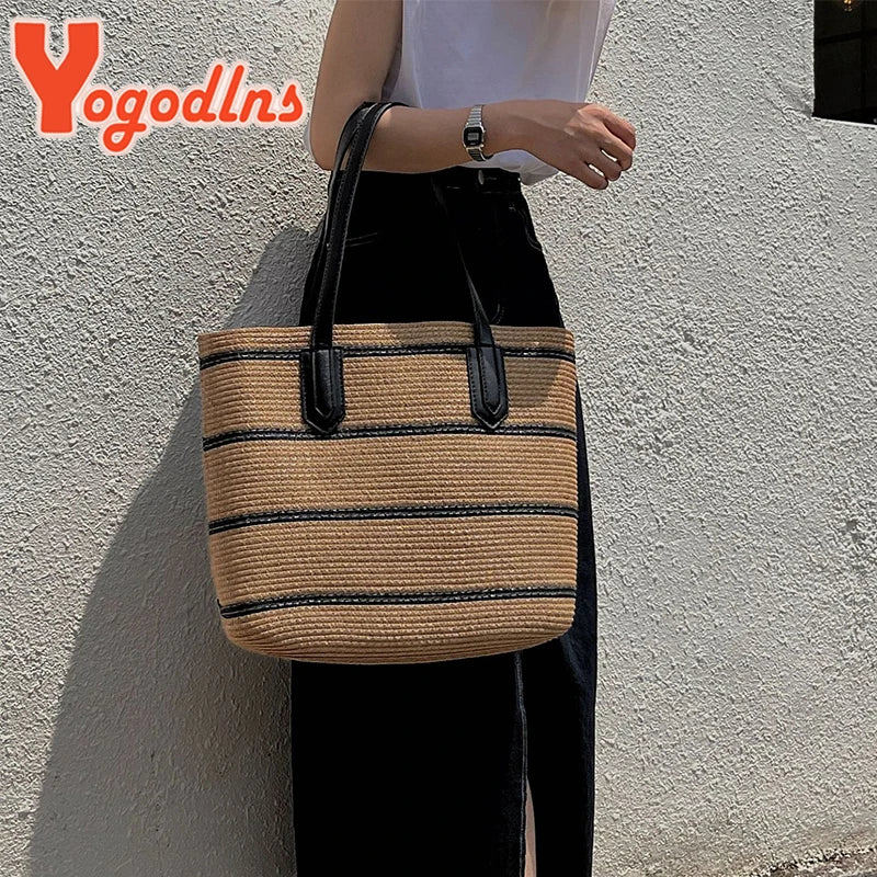 Summer Large Capacity Straw Bags Stripe Totes Bag Travel Vacation Beach Bags