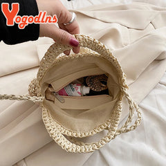 Summer Rattan Round Shoulder Bag Women's Beach Crossbody Handbag