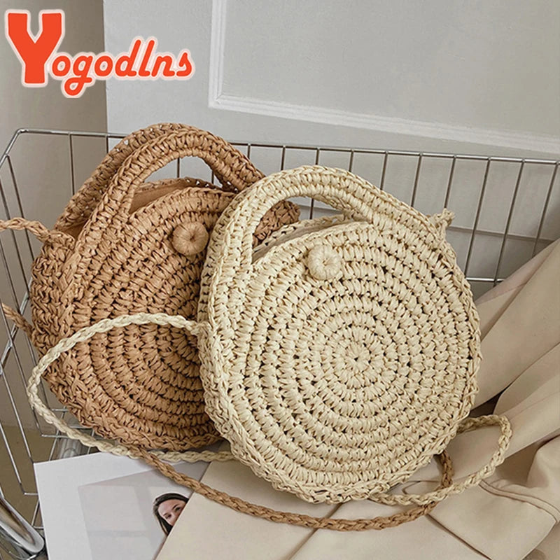 Summer Rattan Round Shoulder Bag Women's Beach Crossbody Handbag