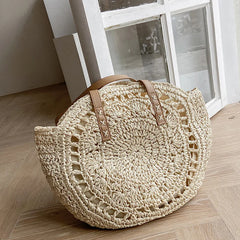 Summer Round Straw Bag For Women Hollow Woven Travel Beach Bag