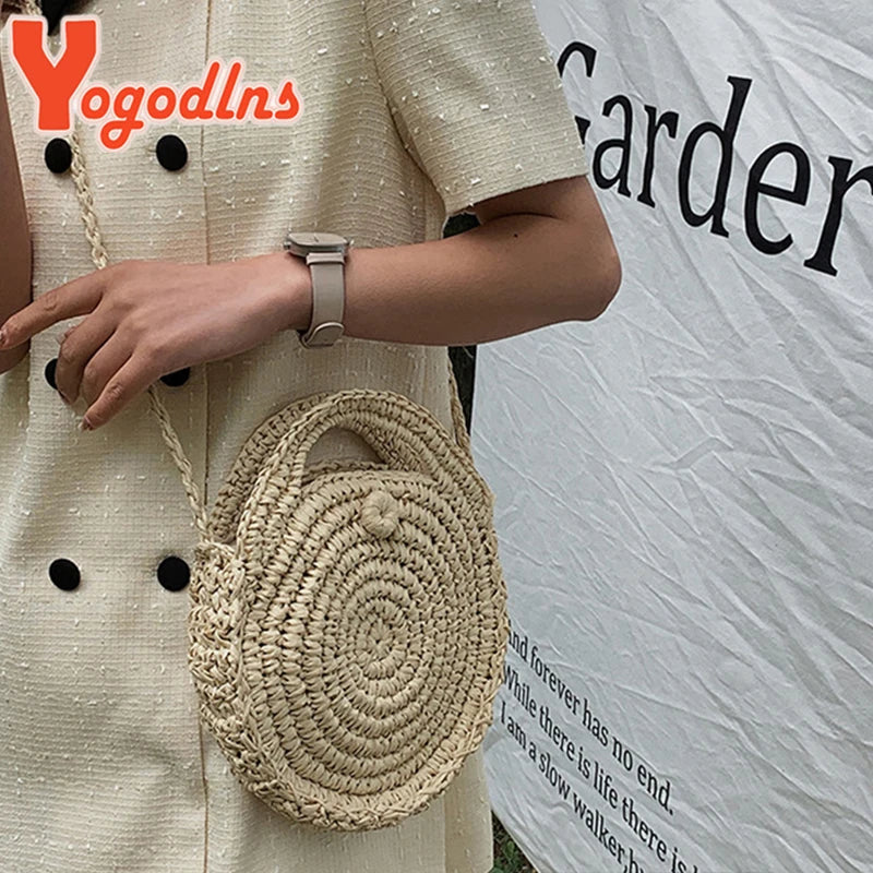 Summer Straw Bags Women Rattan Beach Bag Braided Crossbody Bag Circle