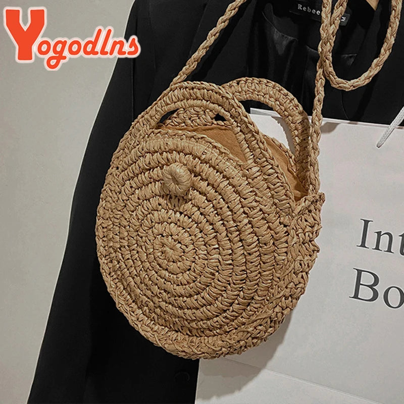 Summer Straw Bags Women Rattan Beach Bag Braided Crossbody Bag Circle