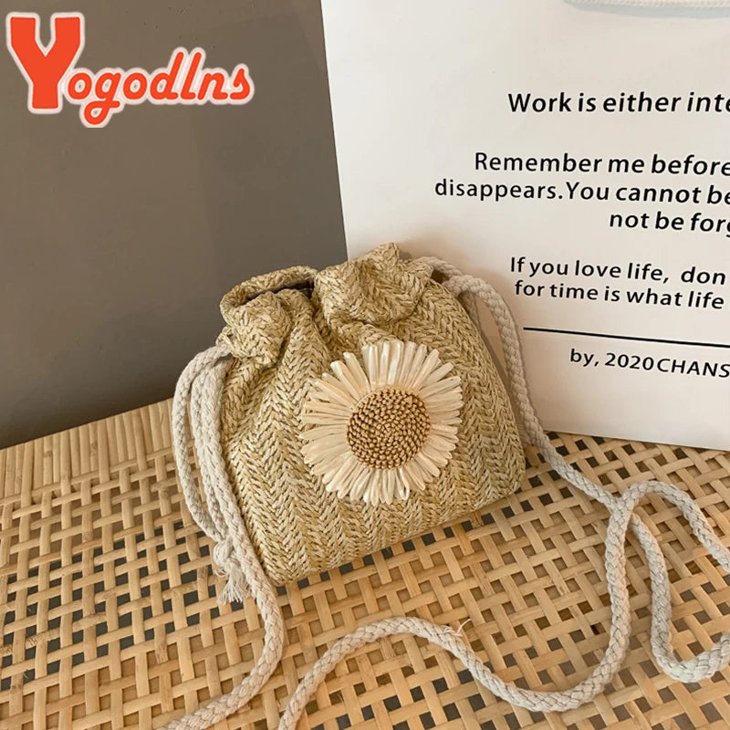 Summer Straw Bucket Bag For Women Knitted Beach Bag Bohemia Small Crossbody Bag