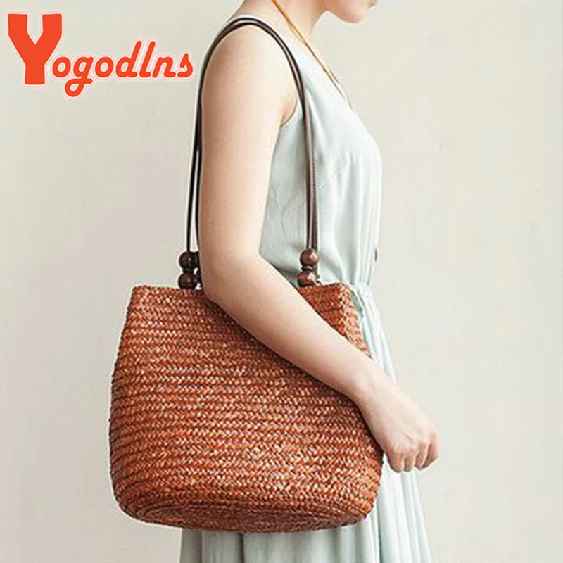 Summer Straw Shoulder Bag Women Large Capcity Woven Bucket Bag