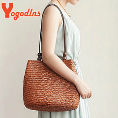 Summer Straw Shoulder Bag Women Large Capcity Woven Bucket Bag
