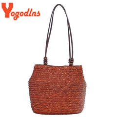 Summer Straw Shoulder Bag Women Large Capcity Woven Bucket Bag
