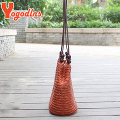 Summer Straw Shoulder Bag Women Large Capcity Woven Bucket Bag