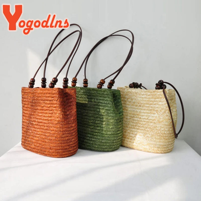 Summer Straw Shoulder Bag Women Large Capcity Woven Bucket Bag