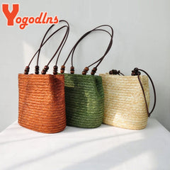 Summer Straw Shoulder Bag Women Large Capcity Woven Bucket Bag